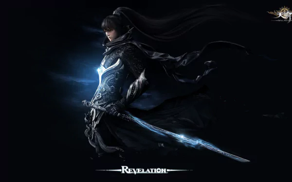 HD PC desktop wallpaper featuring a dark, armored character wielding a glowing sword from the video game Revelation Online against a black background.