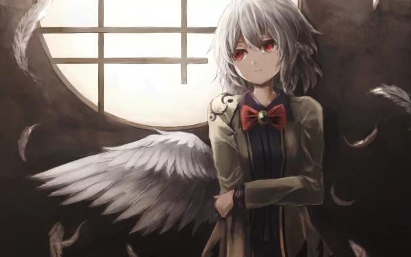 Anime-style HD desktop wallpaper of Sagume Kishin with white short hair, red eyes, white wings, a feather, and a bow, set against a softly lit window background.