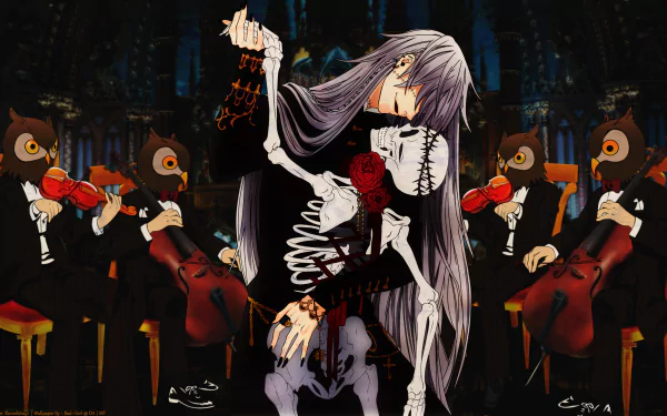 An HD desktop wallpaper featuring the Undertaker from Black Butler, elegantly dancing with a skeleton amidst a group of violinists in a gothic setting.