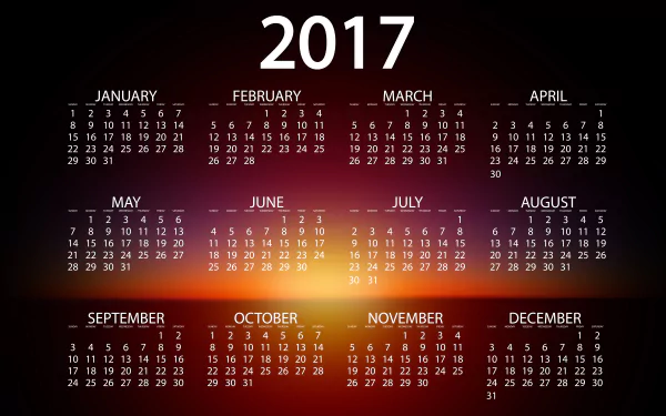 A sleek 4K Ultra HD desktop wallpaper featuring a calendar design for the year 2017 against a gradient backdrop, showcasing all twelve months in a clean layout.
