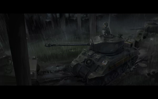 A HD desktop wallpaper featuring Kay from Girls und Panzer, with a dramatic scene of a tank in a rain-soaked landscape, showcasing the anime's unique art style.