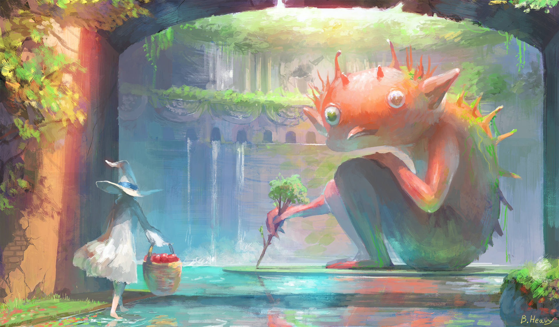 A serene anime scene featuring a magical creature seated in a colorful landscape while a girl in a white dress approaches, creating a captivating HD wallpaper.