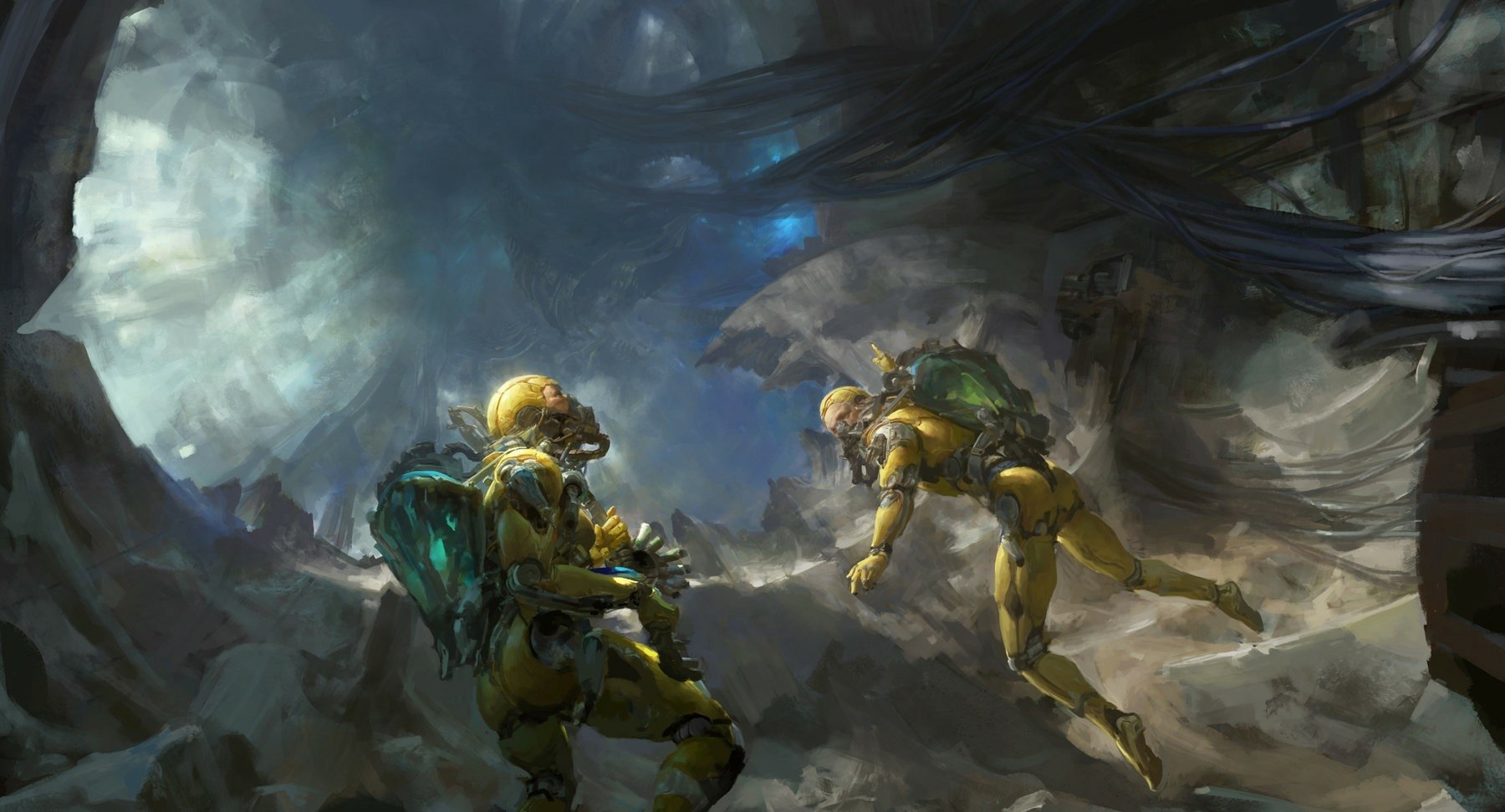 HD sci-fi desktop wallpaper: two astronauts in glowing suits explore a mist-shrouded alien cavern, debris floating in eerie blue light.