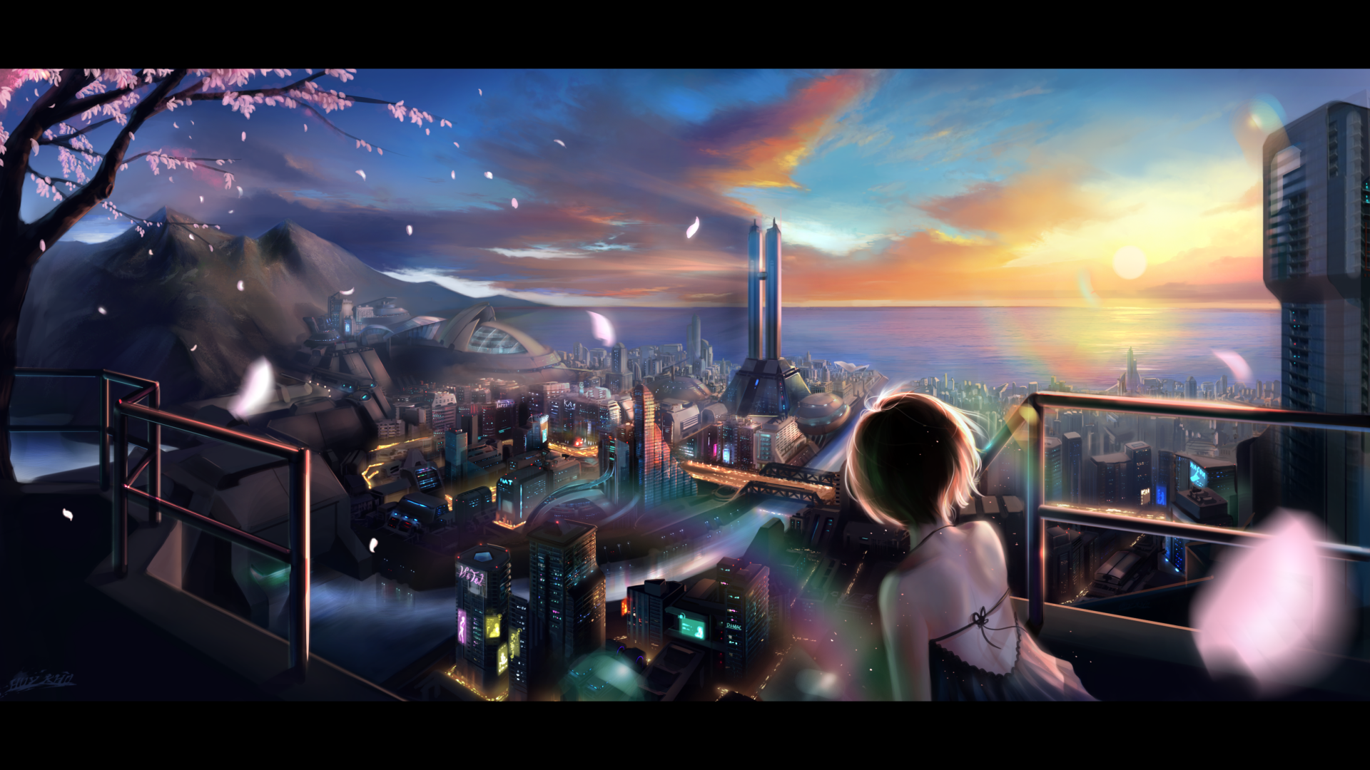 HD anime original desktop wallpaper depicting a futuristic cityscape at sunset with a person overlooking from a balcony, framed by cherry blossom petals.