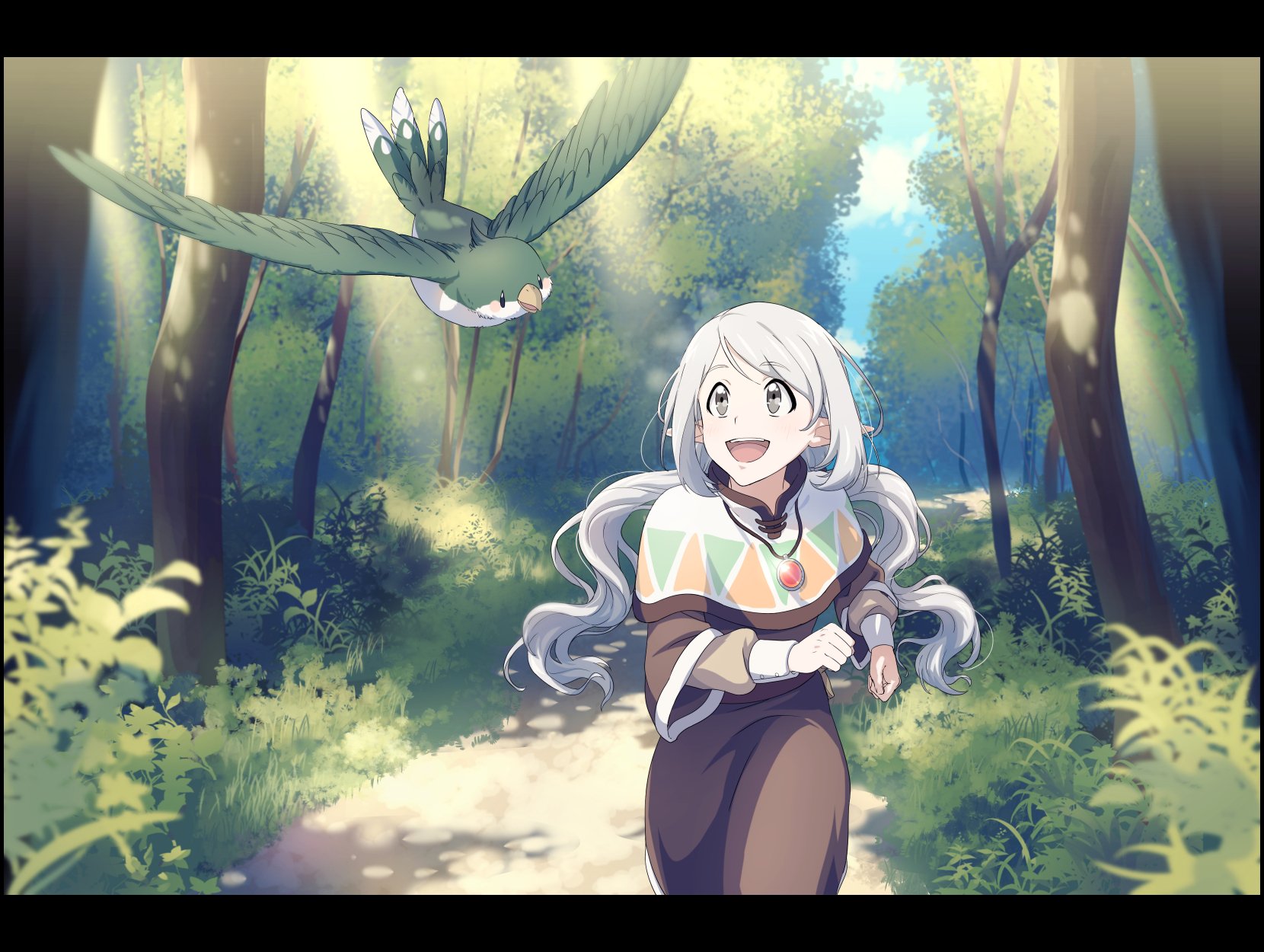 Anime-style scene of a white-haired character with pointed ears and a necklace smiling in a sunlit forest, accompanied by a flying bird with outstretched wings and grey eyes.