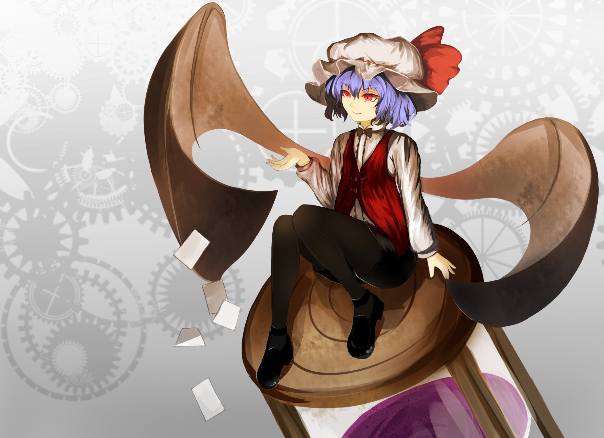 Remilia Scarlet (Touhou), short purple hair, red eyes and a fang, smiling in a hat and bow, red vest, seated on a giant clock gear — 4K Ultra HD anime desktop wallpaper.