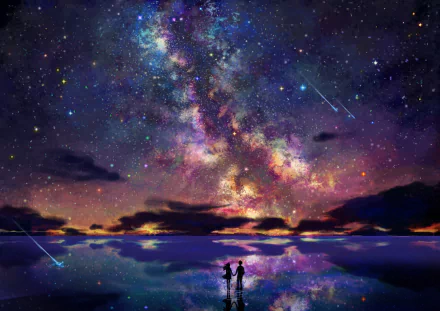 Anime-style night sky scene with vibrant stars and clouds, featuring two silhouetted figures. The image is a stunning HD desktop wallpaper.