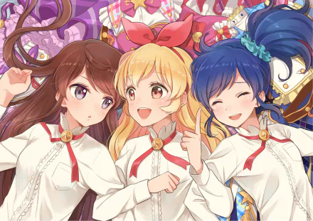Ran Shibuki Aoi Kiriya Ichigo Hoshimiya purple eyes yellow eyes smile blush blue hair brown hair long hair headband bow (Clothing) Anime Aikatsu! HD Desktop Wallpaper | Background Image