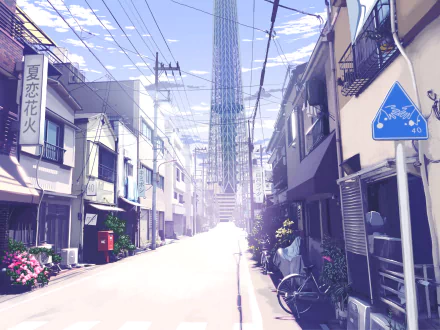 A serene anime-inspired street scene featuring a clear sky, flower-filled homes, and tall buildings in the background, making it a vivid HD PC desktop wallpaper and background.