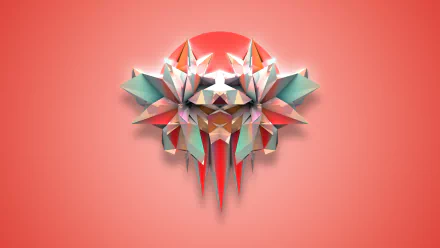 Abstract geometric facets form a symmetrical, multi-dimensional shape in soft pastel colors against a coral background, designed as an HD PC desktop wallpaper.