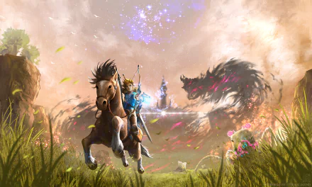 HD desktop wallpaper of Link on horseback facing Ganon from The Legend of Zelda: Breath of the Wild, with a glowing castle and expansive natural landscape in the background.
