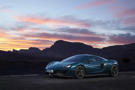 Teal McLaren 570GT supercar parked on a desert road at sunset — 4K Ultra HD PC desktop wallpaper/background; car, supercar, McLaren, vehicle