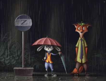 A vibrant HD wallpaper featuring characters Nick Wilde and Judy Hopps from Zootopia, standing under a bus stop in the rain, alongside the iconic Totoro imagery.