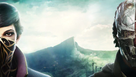 Corvo Attano and Emily Kaldwin from the video game Dishonored 2 are featured in this HD desktop wallpaper, set against a dramatic landscape.