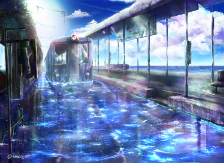 A serene anime scene features a train at a reflective station, surrounded by shimmering water and bright skies, creating an enchanting atmosphere. This HD image serves as a captivating desktop wallpaper.