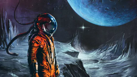 A striking HD wallpaper featuring an astronaut in an orange suit against a vast lunar landscape, with a vibrant blue planet in the background, embodying the spirit of Celldweller's music.