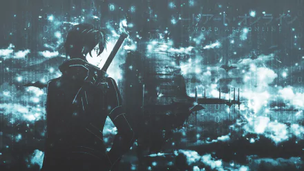 HD wallpaper featuring Kirito from Sword Art Online, showcasing Kazuto Kirigaya with a sword against a backdrop of dynamic clouds and a digital interface.