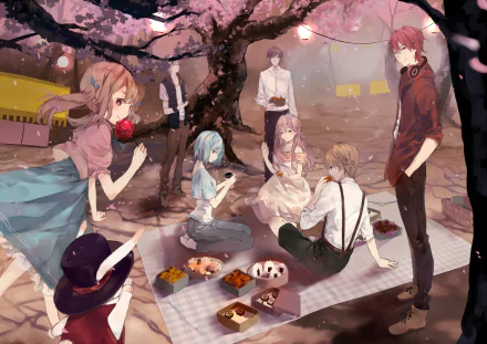 Anime-style HD desktop wallpaper featuring characters from Tian Tian Meng Wuyu enjoying a picnic under blooming cherry blossoms in a soft, warm atmosphere.