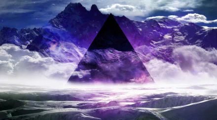 A dark sci-fi triangle hovers above a misty, mountainous landscape with vivid purple and blue hues, designed as an HD PC desktop wallpaper.