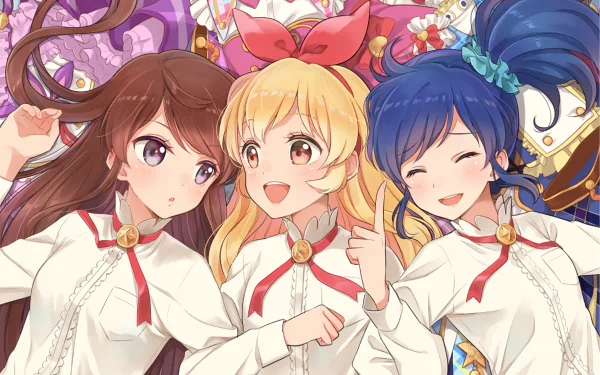 Anime HD wallpaper of Ran Shibuki, Aoi Kiriya, and Ichigo Hoshimiya from Aikatsu! smiling and blushing with purple, yellow, and blue eyes, wearing bows and headbands.