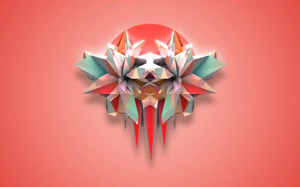Abstract geometric facets form a symmetrical, multi-dimensional shape in soft pastel colors against a coral background, designed as an HD PC desktop wallpaper.