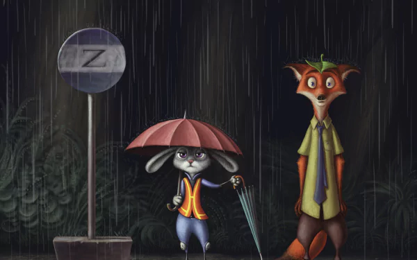 A vibrant HD wallpaper featuring characters Nick Wilde and Judy Hopps from Zootopia, standing under a bus stop in the rain, alongside the iconic Totoro imagery.
