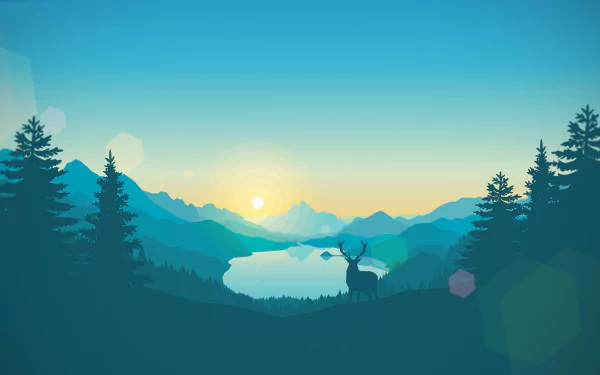 HD desktop wallpaper of the video game Firewatch, featuring a serene mountain landscape at sunset with a silhouetted deer and trees in the foreground.