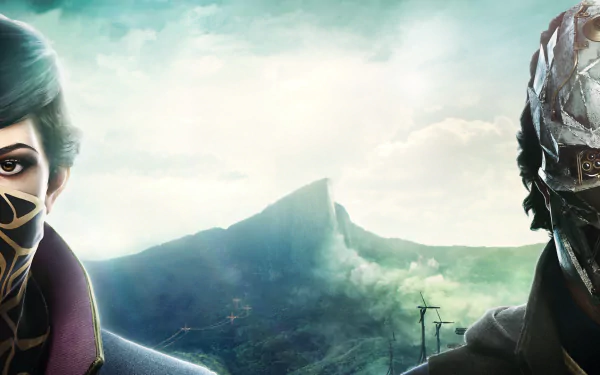 Corvo Attano and Emily Kaldwin from the video game Dishonored 2 are featured in this HD desktop wallpaper, set against a dramatic landscape.