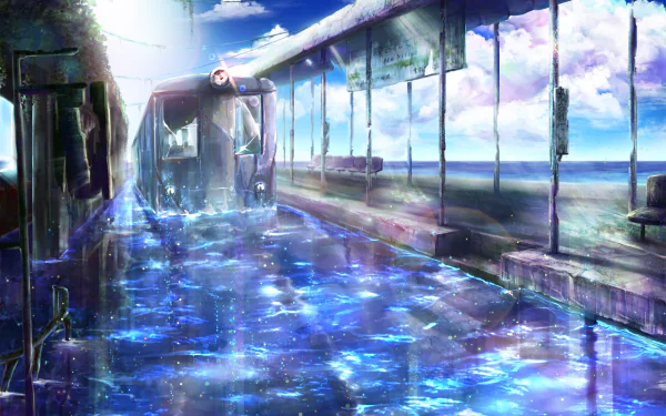 A serene anime scene features a train at a reflective station, surrounded by shimmering water and bright skies, creating an enchanting atmosphere. This HD image serves as a captivating desktop wallpaper.
