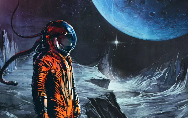 A striking HD wallpaper featuring an astronaut in an orange suit against a vast lunar landscape, with a vibrant blue planet in the background, embodying the spirit of Celldweller's music.