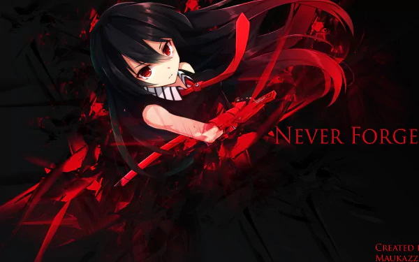 HD wallpaper featuring Akame from Akame ga Kill! with dramatic red tones and the text Never Forget, capturing the intensity of the anime's atmosphere.