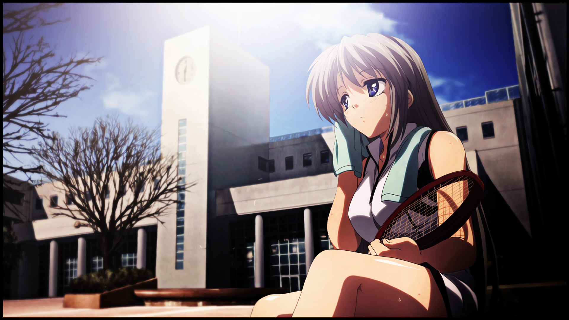 A serene image of Tomoyo Sakagami from the anime Clannad, sitting quietly with a tennis racket, framed against a sunlit school backdrop. HD desktop wallpaper and background.