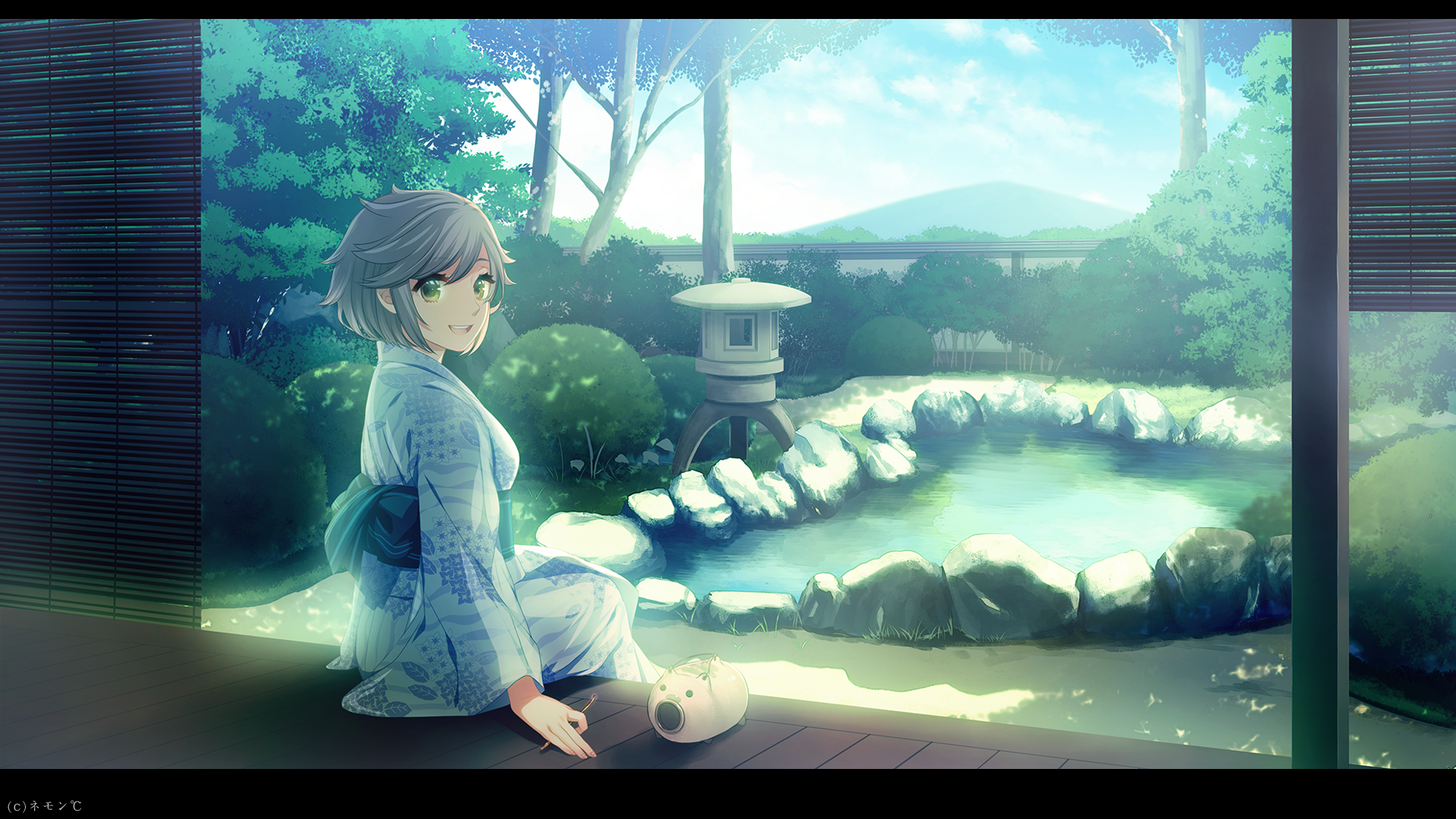 Anime-style HD original wallpaper depicting a serene garden scene with a girl in traditional attire sitting by a pond, bathed in soft natural light.