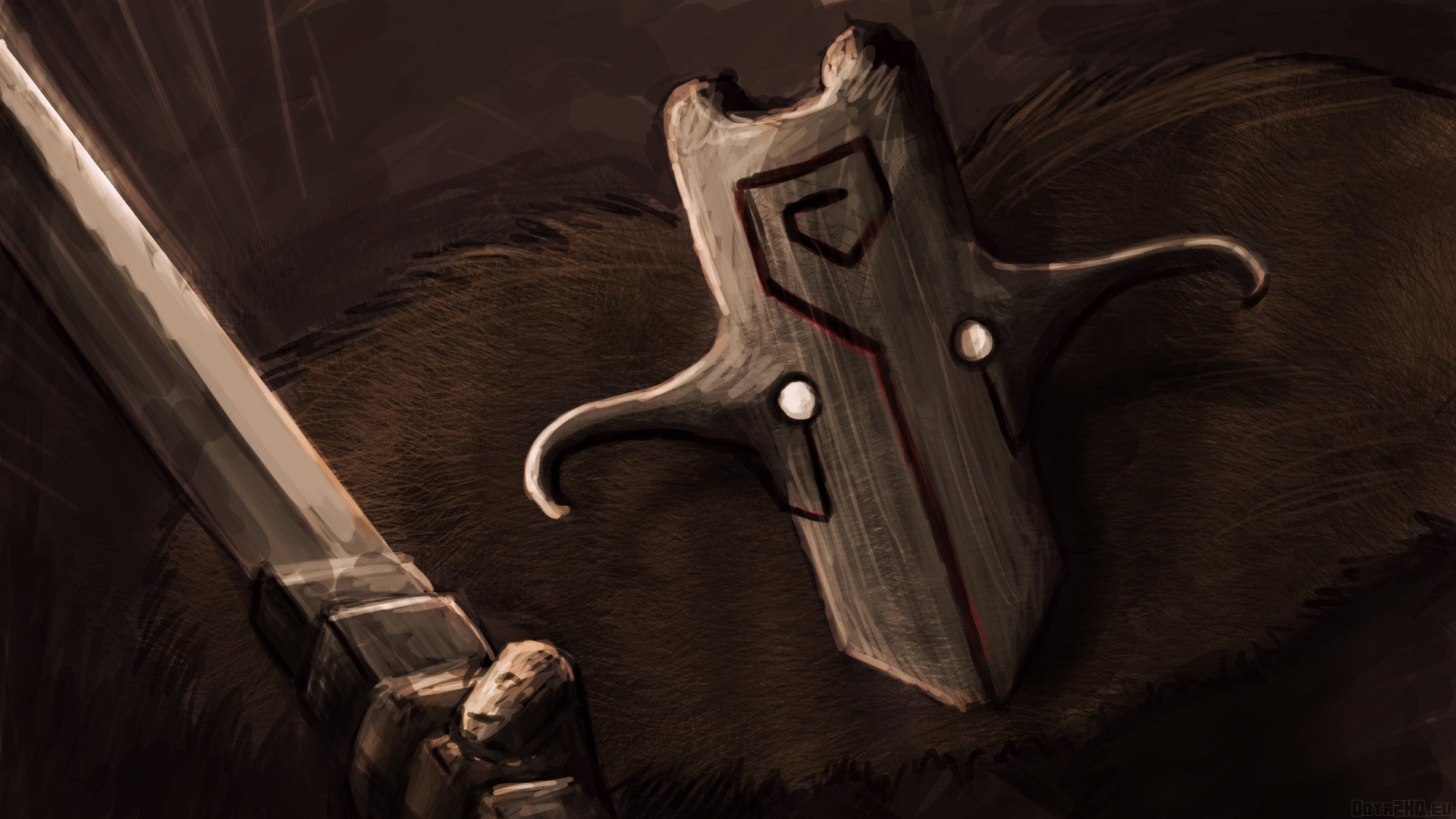 HD PC desktop wallpaper of Juggernaut from Dota 2 (video game): close-up of his weathered wooden mask and a sword laid on a dark fur cloak.