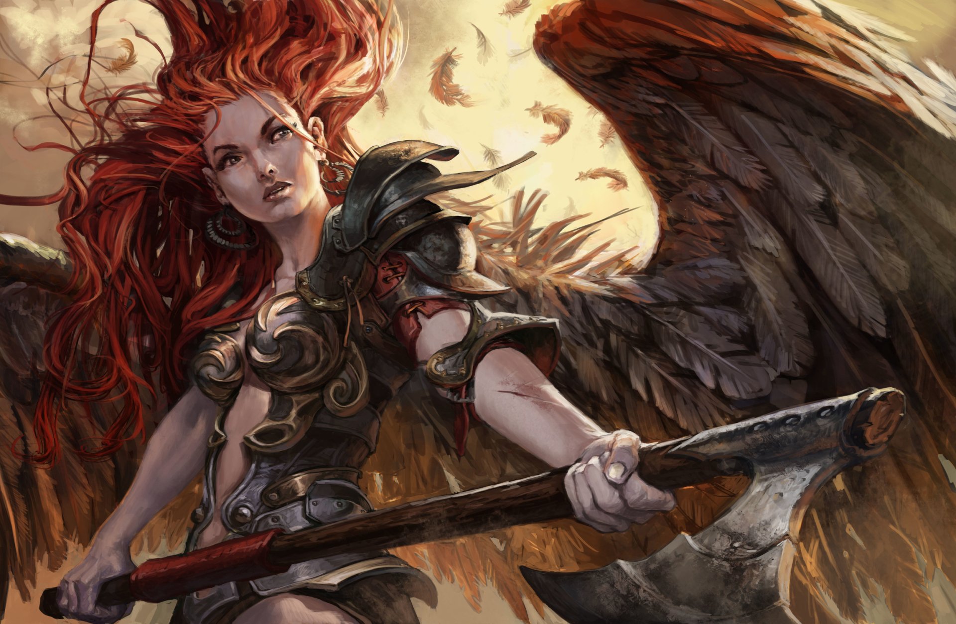 HD wallpaper of a red-haired angel warrior from Magic: The Gathering, clad in ornate armor and wielding a large axe, with powerful wings spread wide.