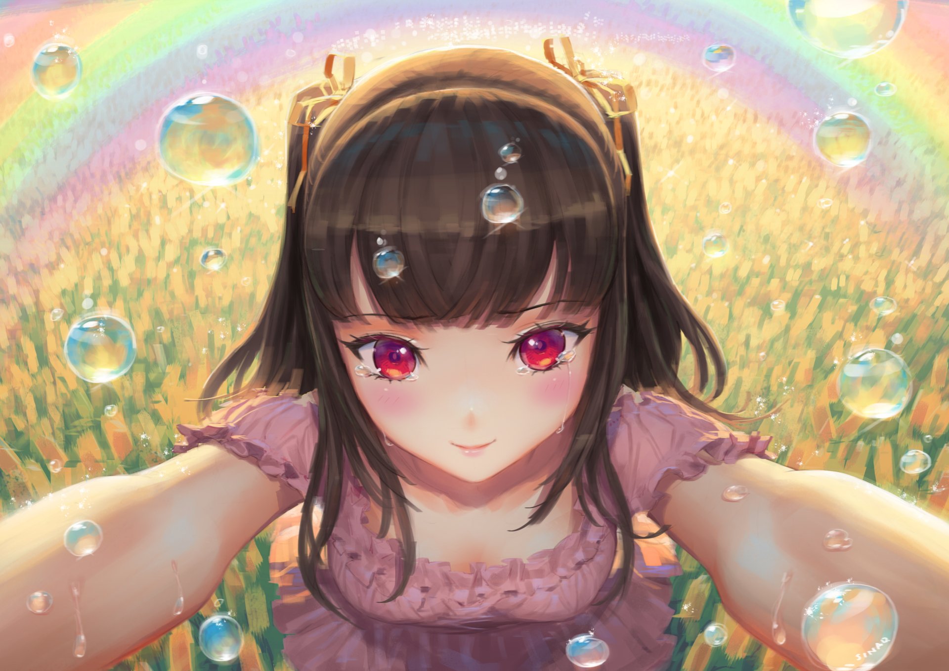 A girl with brown twintails and red eyes smiles amidst a blooming field, surrounded by water drops and a vibrant rainbow, capturing a moment of joy and beauty in anime style.