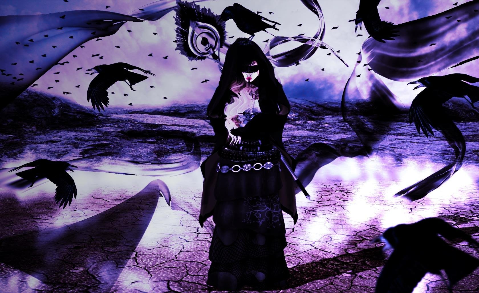 Dark fantasy photoshopped HD PC wallpaper: a hooded woman in black stands on cracked purple ground as ravens swirl beneath a stormy, violet-tinged sky.