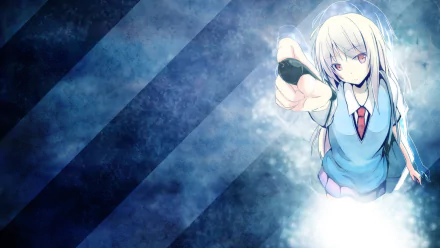 HD PC desktop wallpaper featuring Mashiro Shiina from the anime Sakurasou no Pet na Kanojo, wearing a skirt and her iconic school uniform, against a misty blue background.