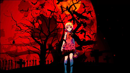HD desktop wallpaper featuring Kiss-shot Acerola-orion Heart-under-blade (Shinobu Oshino) from the Monogatari series; she stands against a vivid red sky with dark trees and bats soaring above.