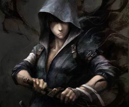 HD PC desktop wallpaper featuring a fantasy warrior in a hooded cloak, exuding a mysterious and intense aura in a dark, dramatic setting.