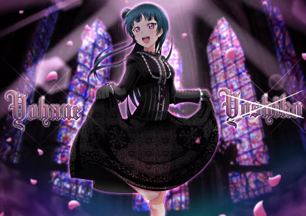 HD anime wallpaper featuring Yoshiko Tsushima from Love Live! Sunshine!! in a gothic-inspired black dress inside a cathedral with stained glass windows.