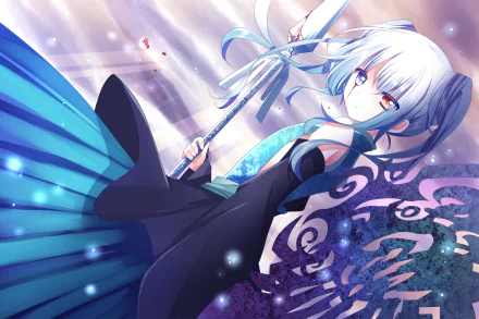 A striking anime original wallpaper featuring a character with blue hair and red eyes, wielding a staff amidst a dynamic background of swirling colors and light.