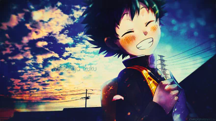 HD desktop wallpaper featuring Izuku Midoriya from the anime My Hero Academia, smiling brightly with a sunset and power lines in the background.