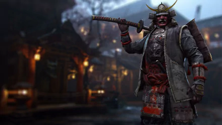 A fierce samurai warrior clad in armor holds a katana, set against a stunning backdrop from the video game For Honor. This HD image captures the essence of battle and bravery.