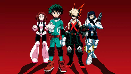 HD desktop wallpaper featuring Ochaco Uraraka, Izuku Midoriya, Katsuki Bakugou, and Tenya Iida from the anime My Hero Academia, set against a rich red background.