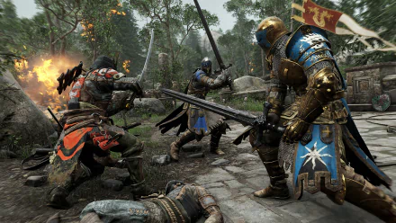 A fierce battle scene from For Honor features warriors in intricate armor wielding katanas and swords amidst a dynamic landscape, showcasing the intensity of medieval combat.