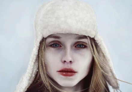 2K Quad HD PC desktop wallpaper and background: artistic portrait of a blonde woman with blue eyes wearing a white fur hat, pale winter tones.
