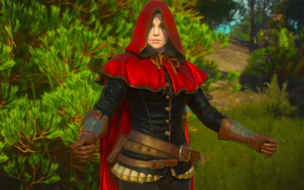 HD PC desktop wallpaper featuring Syanna from The Witcher 3: Wild Hunt, showcasing her red hood and detailed outfit in a vibrant forest setting.