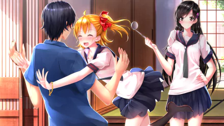 A vibrant HD wallpaper featuring characters Hina Kubota and Naru Kotoishi playfully interacting with Seishuu Handa from the anime Barakamon, set in a cozy interior.