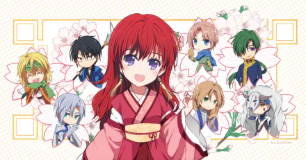 A vibrant HD wallpaper featuring characters from Yona of the Dawn, including Yona, Hak Son, Zeno, Su-won, and others, set against a backdrop of floral designs.